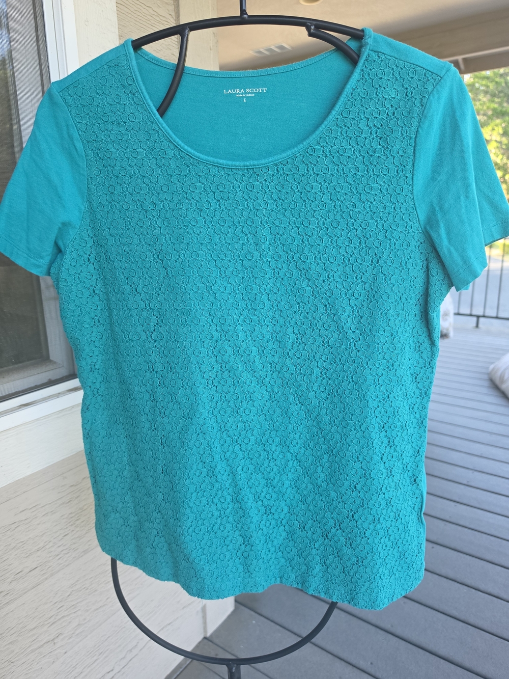 Laura Scott Teal Short Sleeve Lace Front Tee